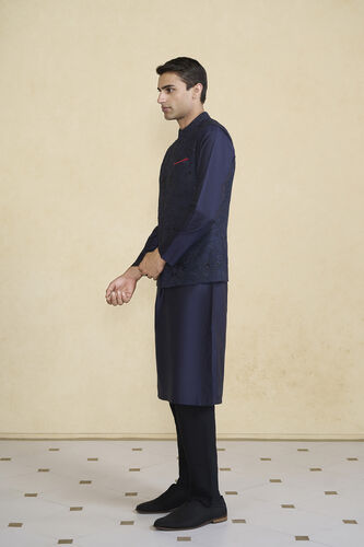 Banshik Hand-embroidered Silk Nehru Jacket - Navy, Navy, image 3